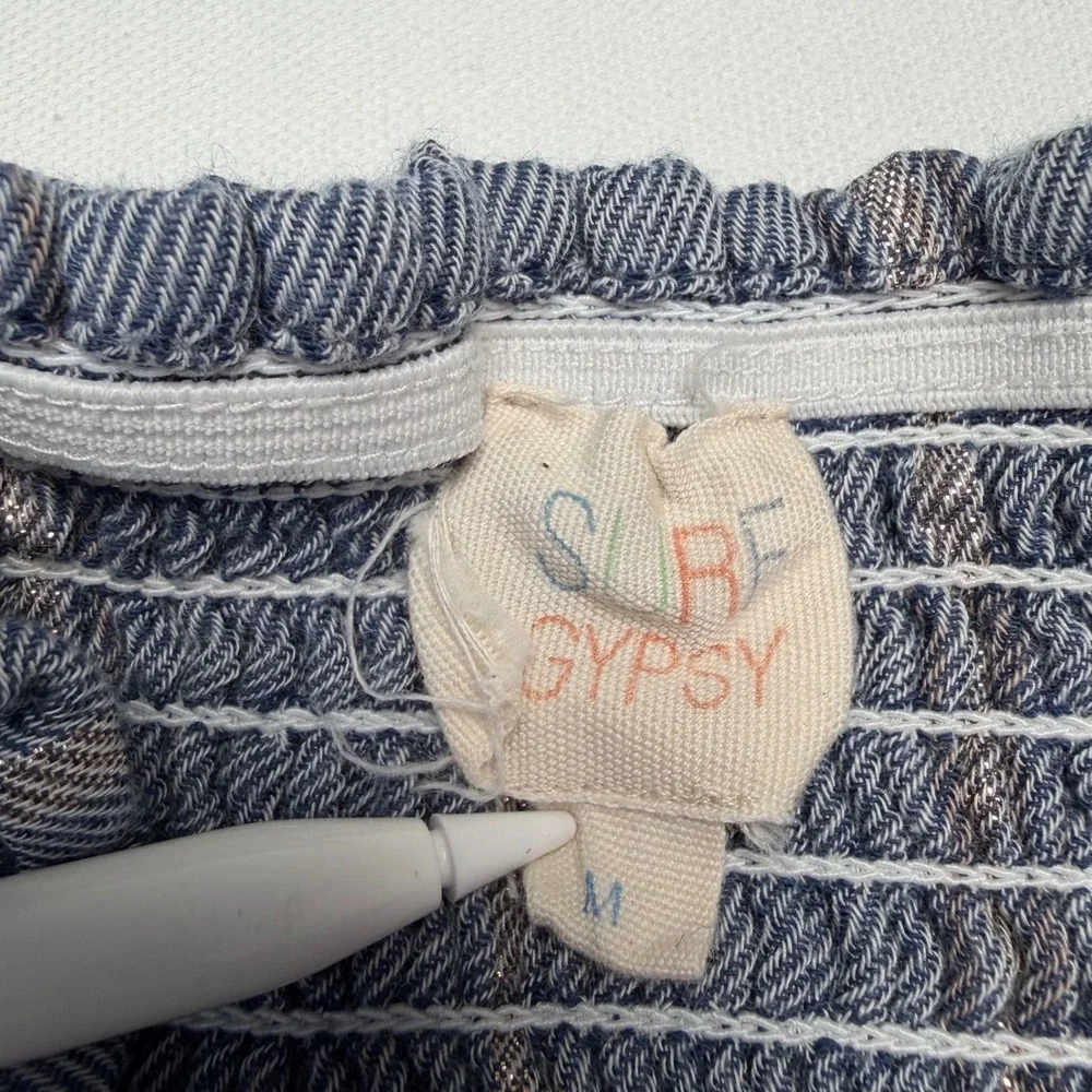 Surf Gypsy Blue Metallic Stripe Tiered Mini Skirt Smocked Boho Beach Medium - Picture 3 of 8
